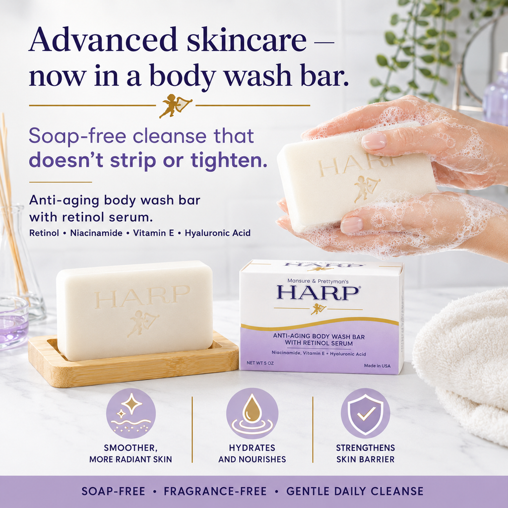 HARP® Anti-Aging Body Wash Bar with Retinol – pH Balanced Syndet Cleanser, FRAGRANCE FREE, Soap-Free & No Lye, Non-Comedogenic, With Niacinamide, Hyaluronic Acid & Vitamin E, 5 oz