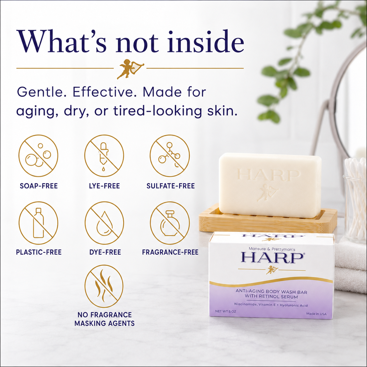 HARP® Anti-Aging Body Wash Bar with Retinol – pH Balanced Syndet Cleanser, FRAGRANCE FREE, Soap-Free & No Lye, Non-Comedogenic, With Niacinamide, Hyaluronic Acid & Vitamin E, 5 oz