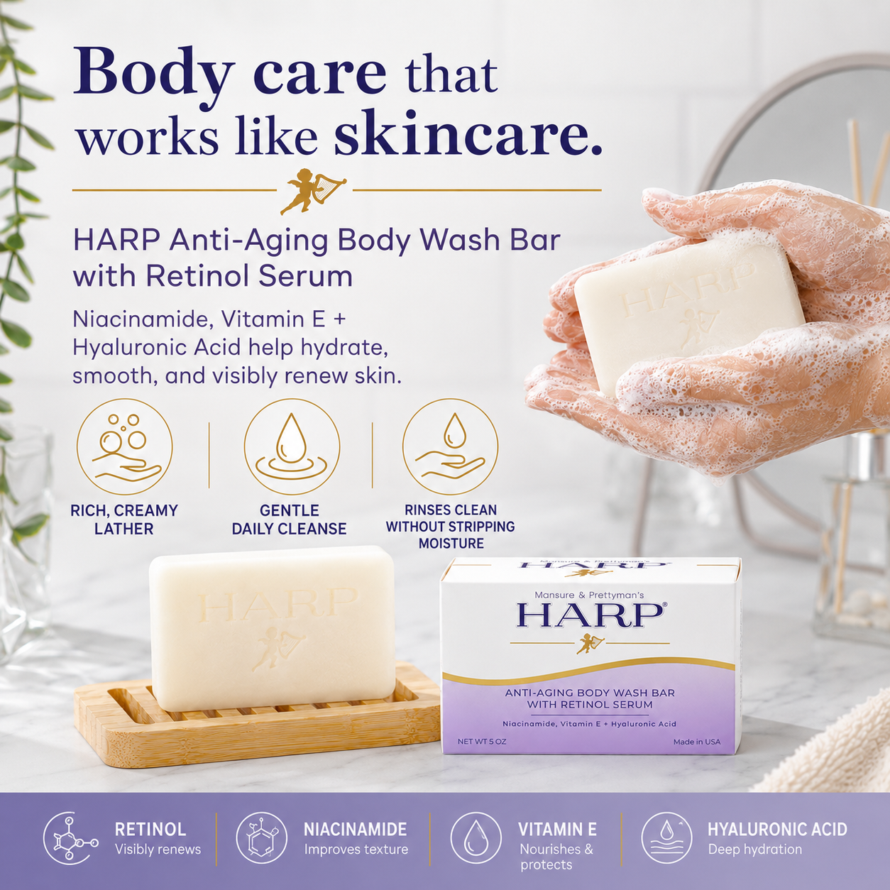 HARP® Anti-Aging Body Wash Bar with Retinol – pH Balanced Syndet Cleanser, FRAGRANCE FREE, Soap-Free & No Lye, Non-Comedogenic, With Niacinamide, Hyaluronic Acid & Vitamin E, 5 oz