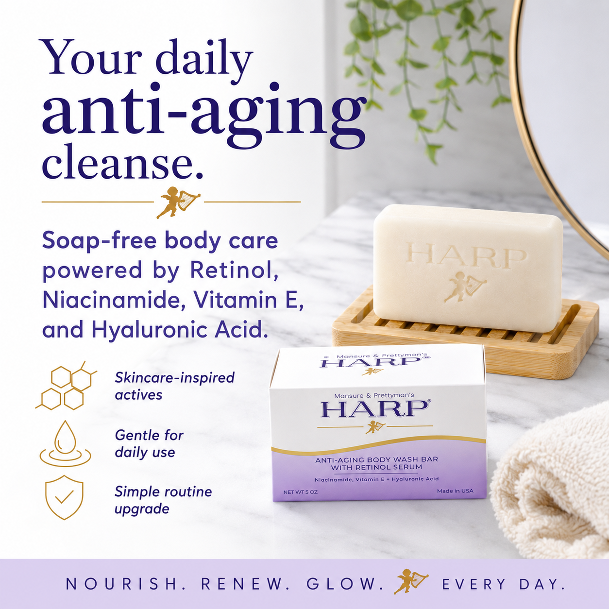 HARP® Anti-Aging Body Wash Bar with Retinol – pH Balanced Syndet Cleanser, FRAGRANCE FREE, Soap-Free & No Lye, Non-Comedogenic, With Niacinamide, Hyaluronic Acid & Vitamin E, 5 oz