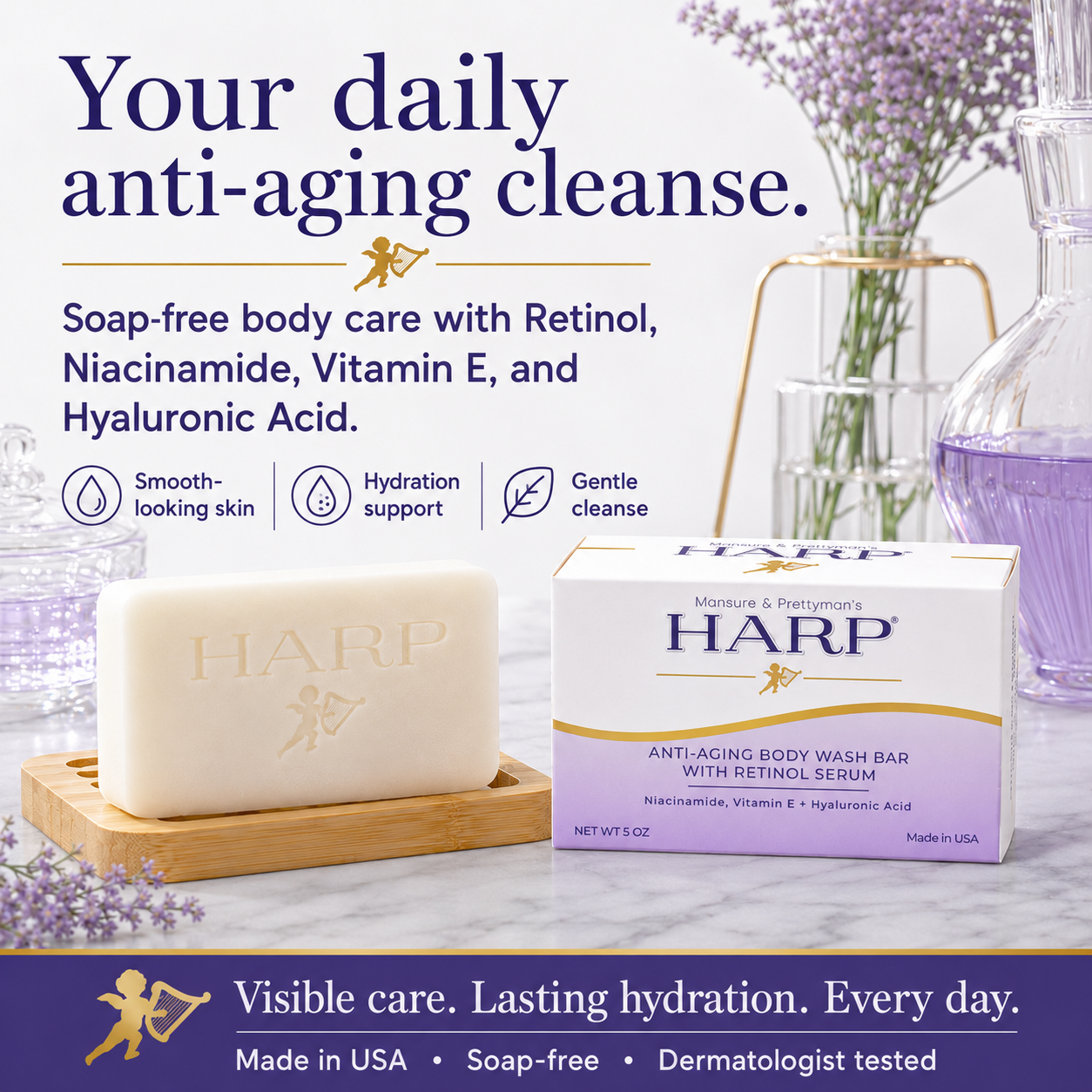 HARP® Anti-Aging Body Wash Bar with Retinol – pH Balanced Syndet Cleanser, FRAGRANCE FREE, Soap-Free & No Lye, Non-Comedogenic, With Niacinamide, Hyaluronic Acid & Vitamin E, 5 oz